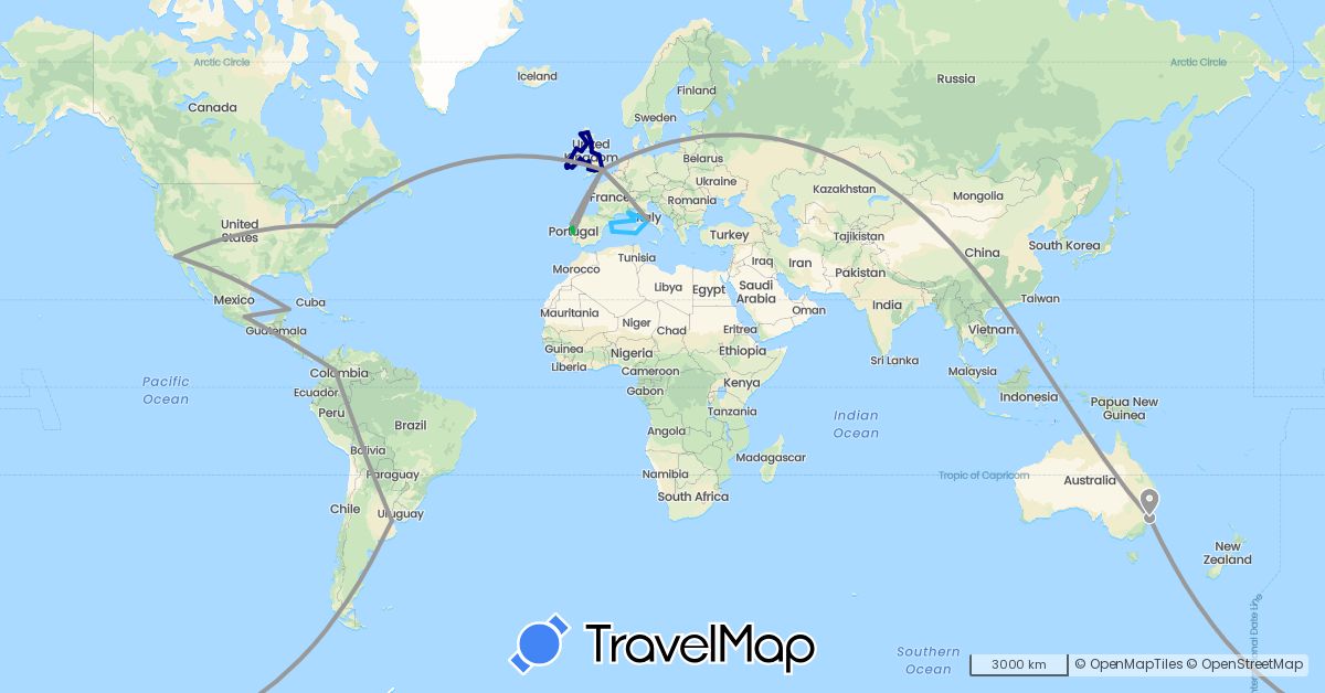 TravelMap itinerary: driving, bus, plane, boat in Argentina, Australia, Colombia, Spain, France, United Kingdom, Ireland, Italy, Mexico, Portugal, United States (Europe, North America, Oceania, South America)